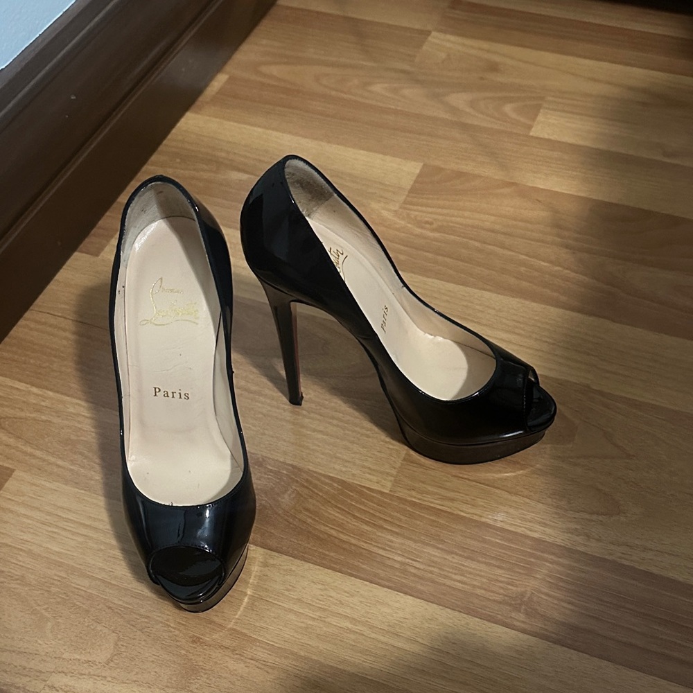 Christian Louboutin Glossy Black Peep-Toe Heels